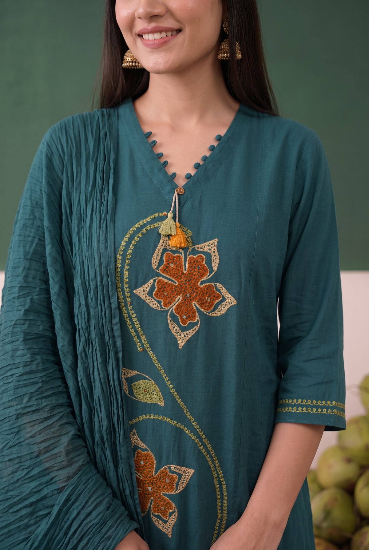 Teal Floral Embroidered Cotton A Line Kurta Set