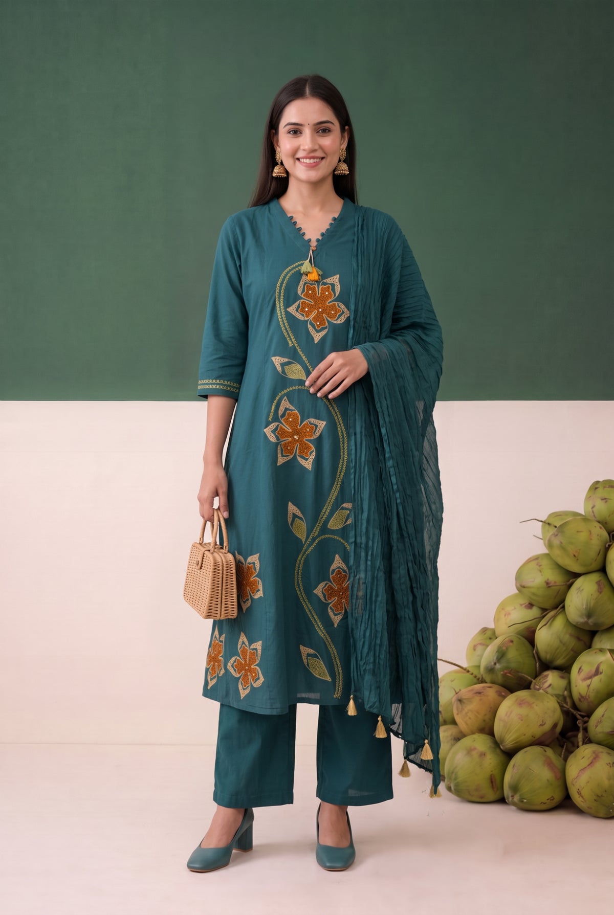 Teal Floral Embroidered Cotton A Line Kurta Set
