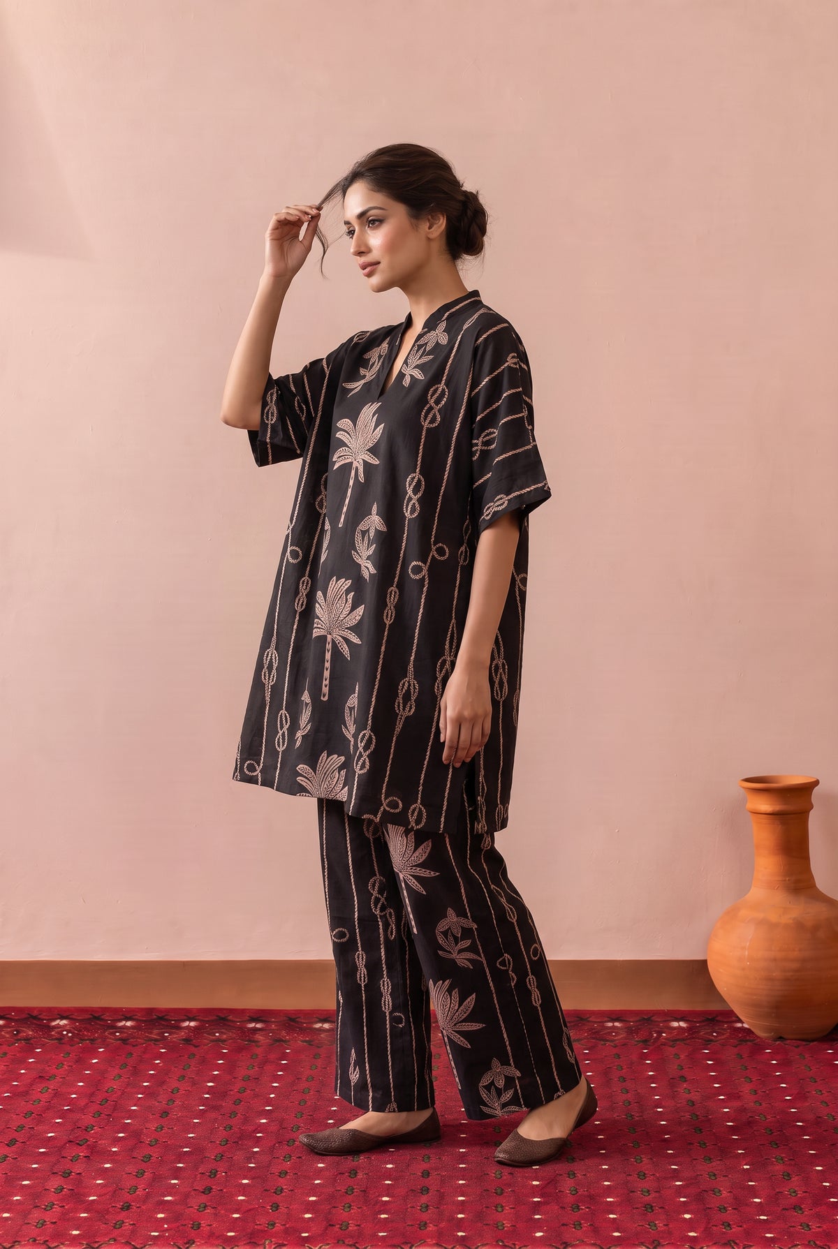 Black Palm Trail Leaf Printed Cotton Co-ord Set
