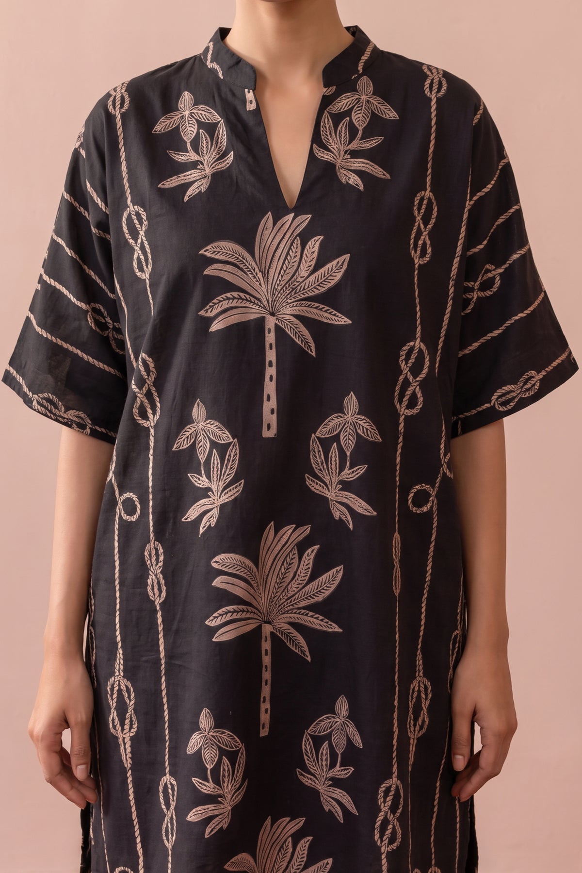 Black Palm Trail Leaf Printed Cotton Co-ord Set