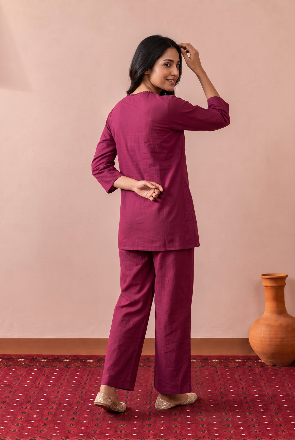Maroon Muse Wrap-Style Embroidered Cotton Flex Co-ord Set
