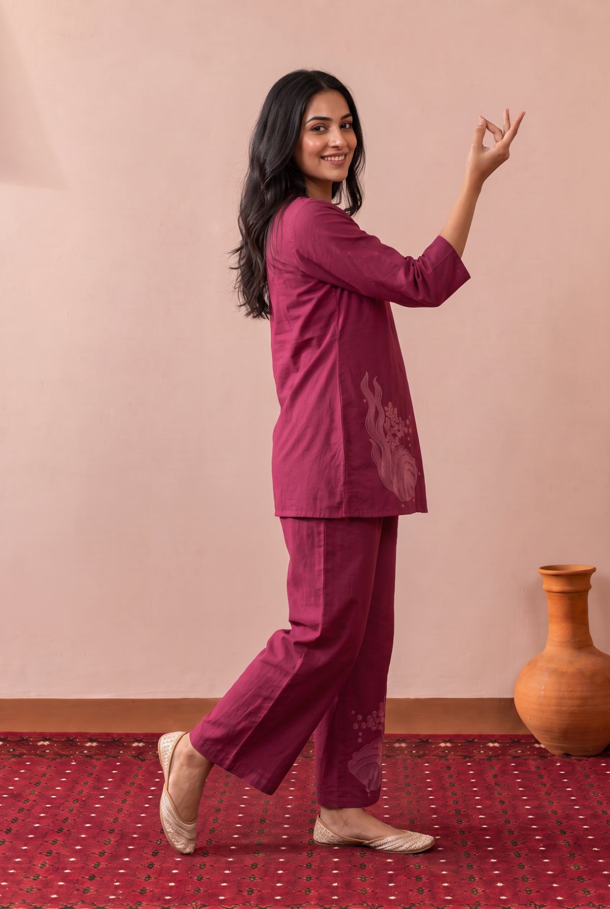 Maroon Muse Wrap-Style Embroidered Cotton Flex Co-ord Set