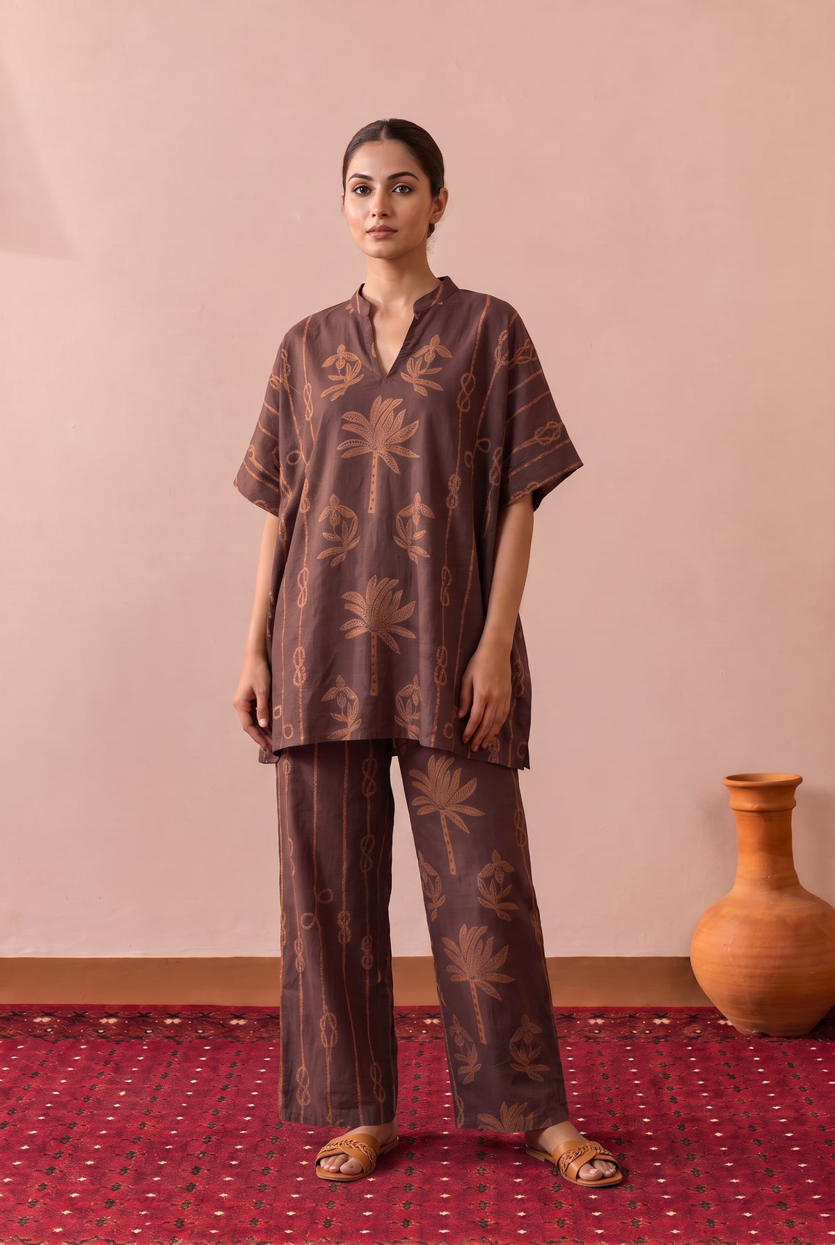Brown Chestnut Palm Trail Printed Cotton Co-ord Set