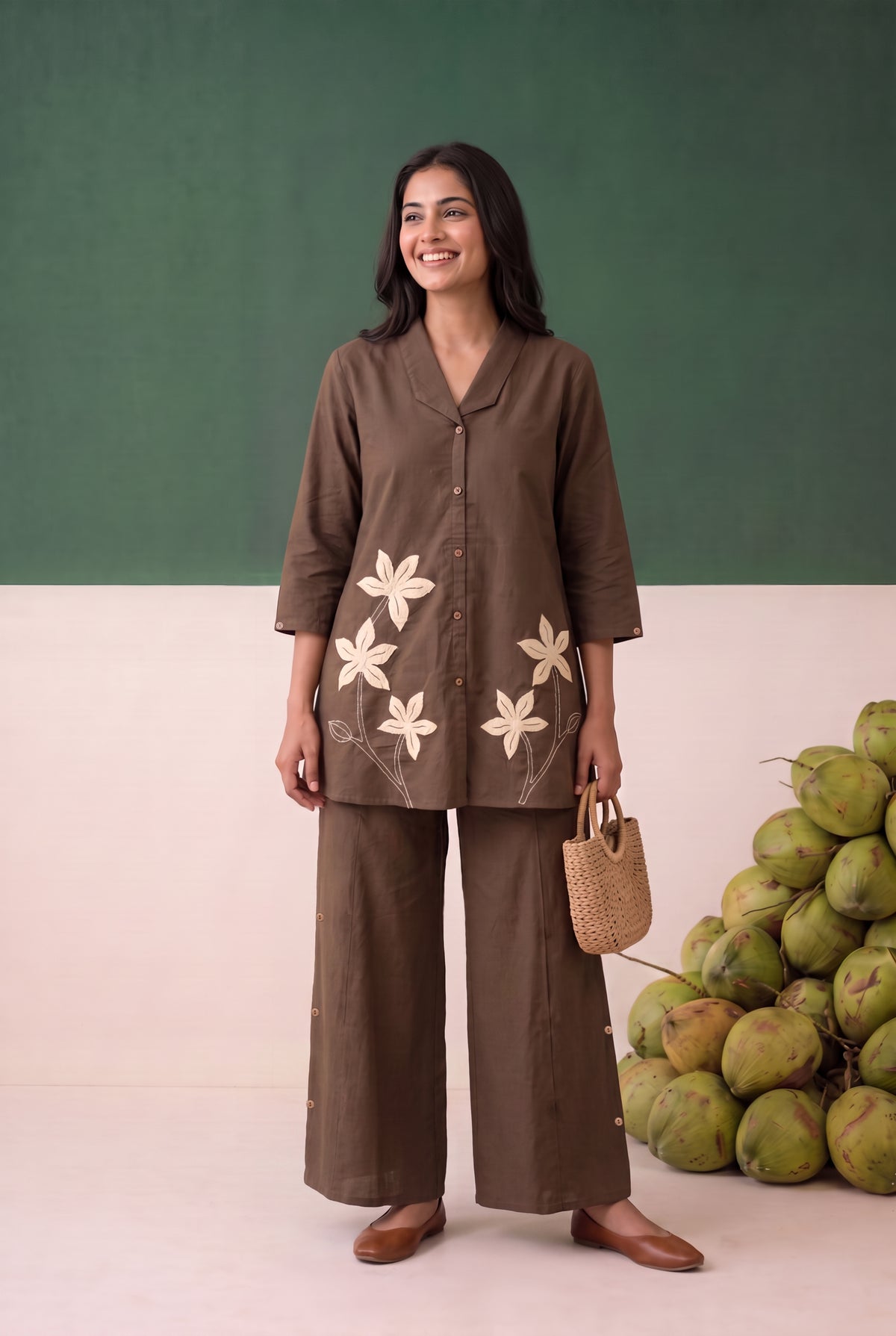 Brown Petal Trail Embroidered Cotton Flex Co-ord Set