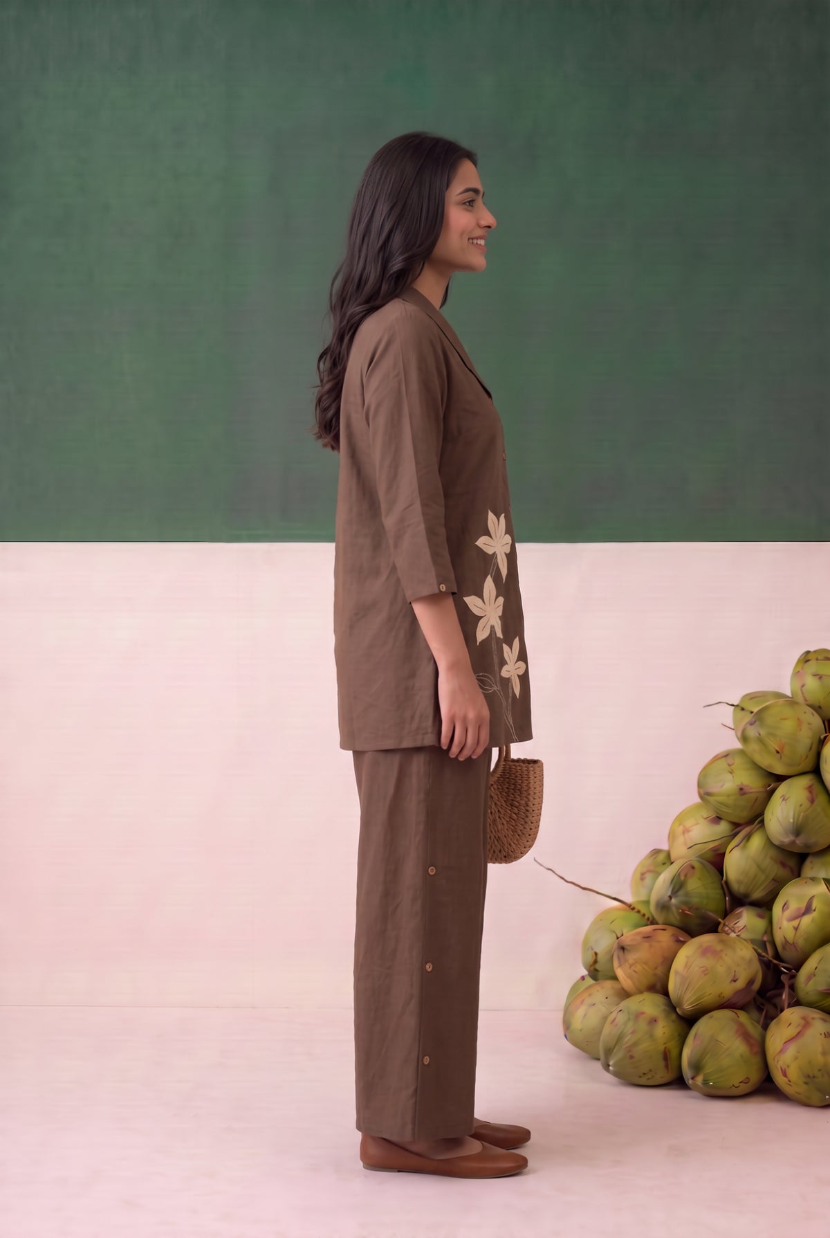 Brown Petal Trail Embroidered Cotton Flex Co-ord Set