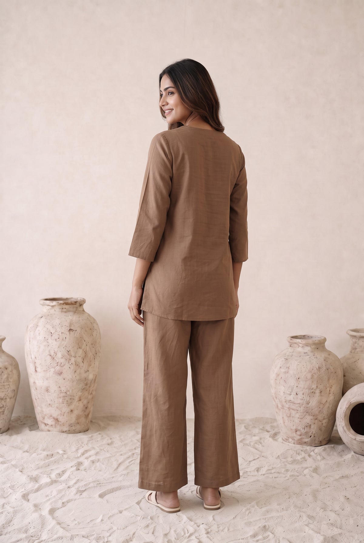 Mocha Botanical Embroidered Cotton Co-ord Set