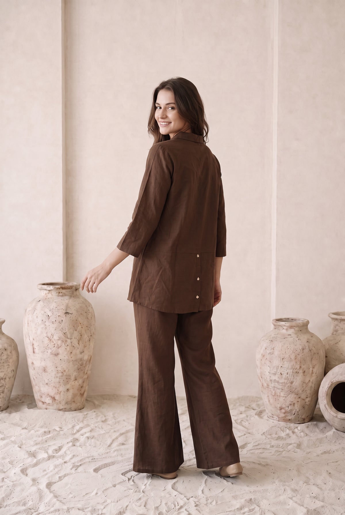 Brown Leaf Embroidered Cotton Co-ord Set