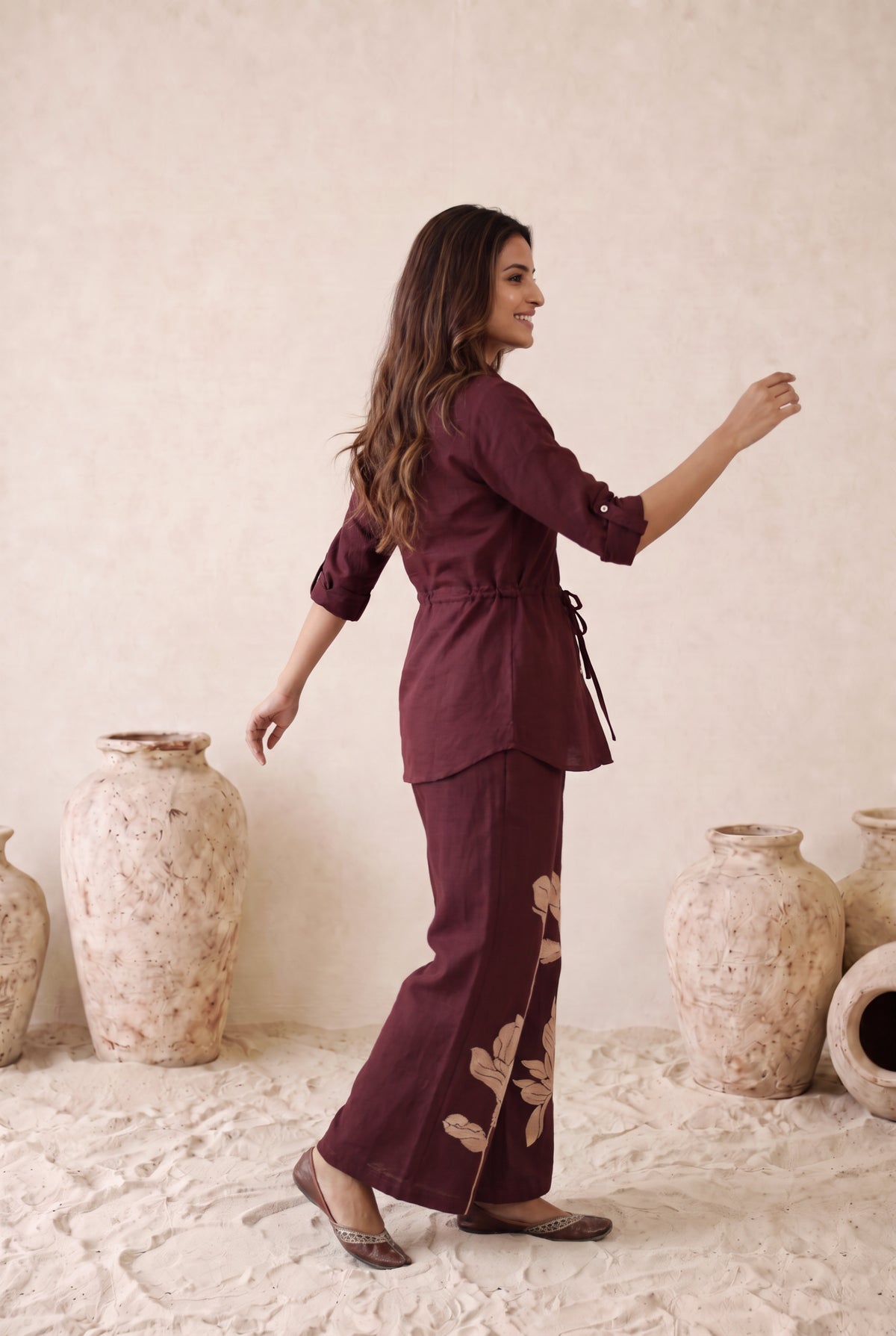 Wine Botanical Embroidered Cotton Flex Co-ord Set