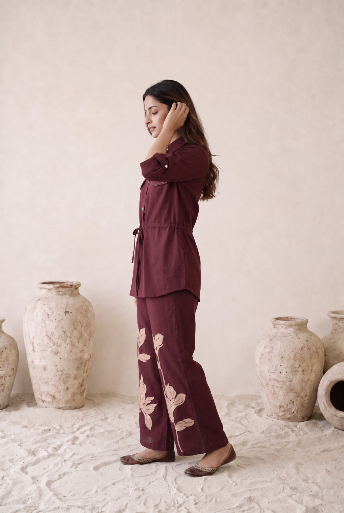 Wine Botanical Embroidered Cotton Flex Co-ord Set