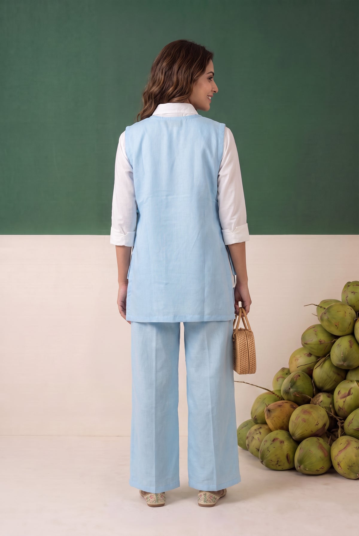 Sky Blue Floral Embroidered Cotton Three-Piece Set