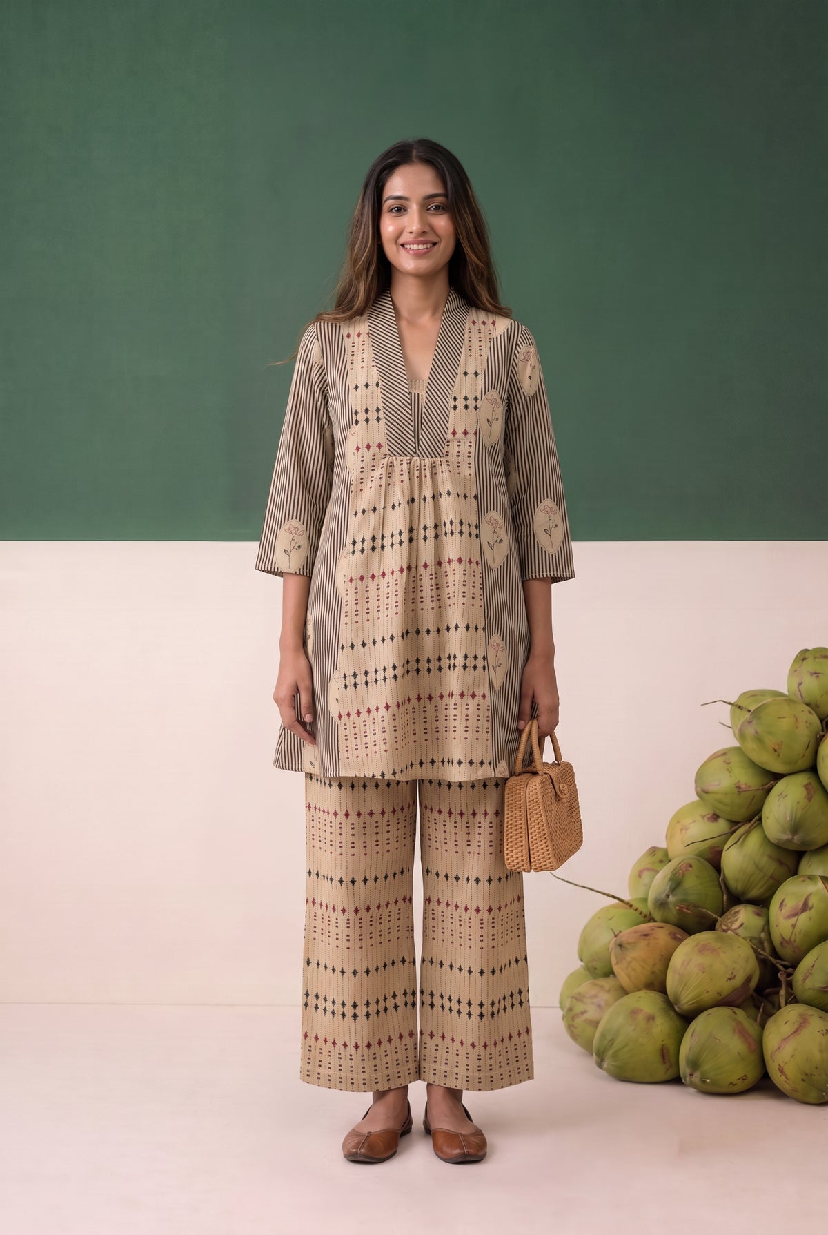 Beige Geometric Stripe Printed Cotton Co-ord Set