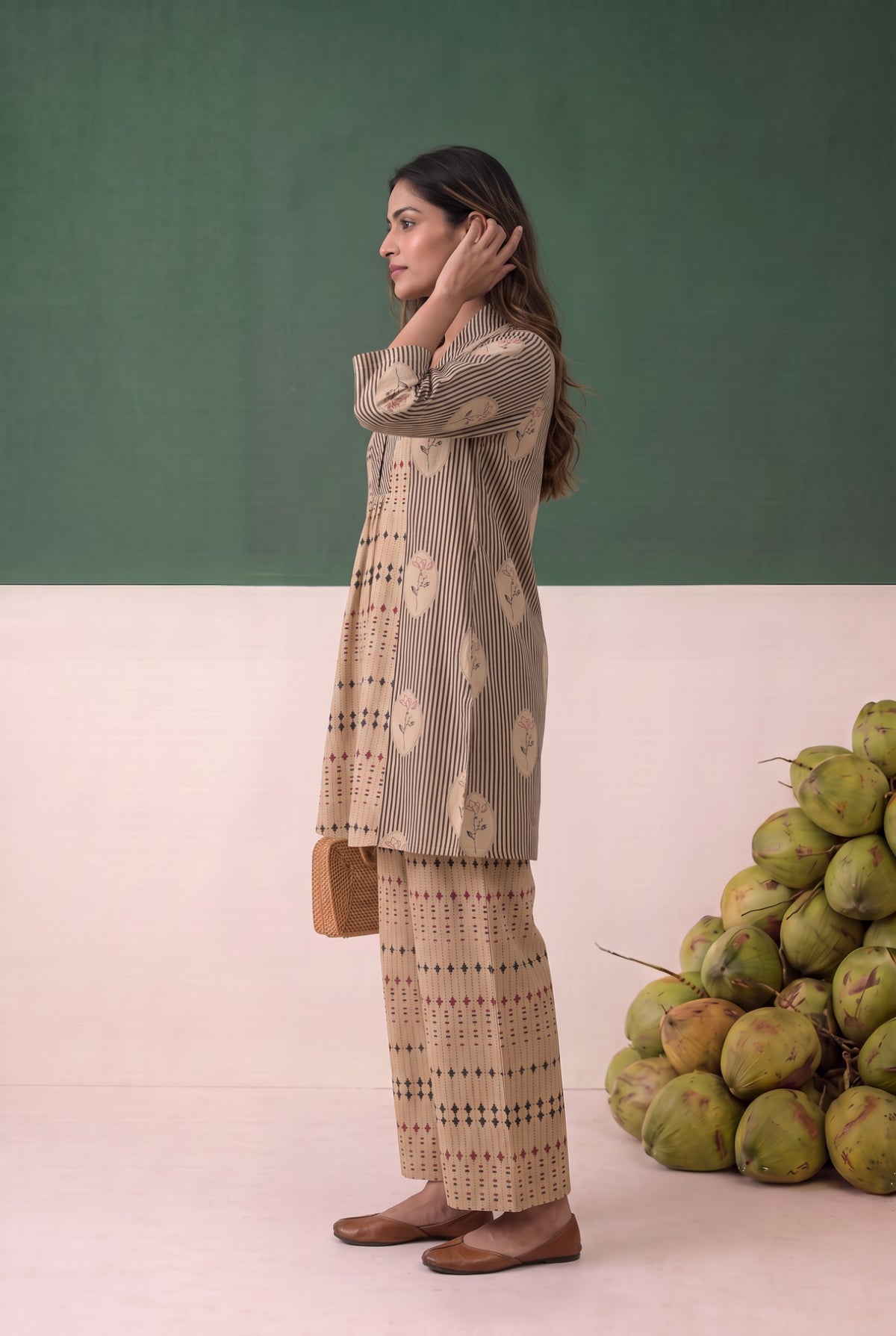 Beige Geometric Stripe Printed Cotton Co-ord Set