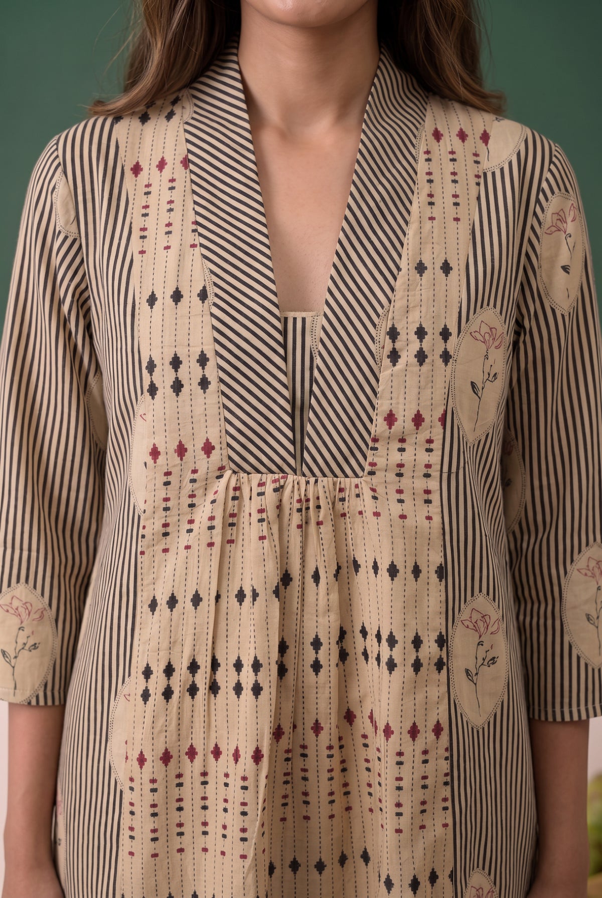 Beige Geometric Stripe Printed Cotton Co-ord Set