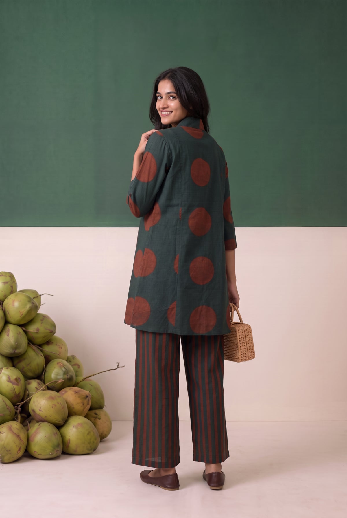 Teal Circle Vertical Stripe Printed Cotton Co-ord Set