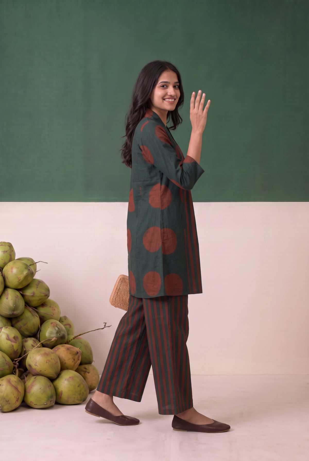 Teal Circle Vertical Stripe Printed Cotton Co-ord Set