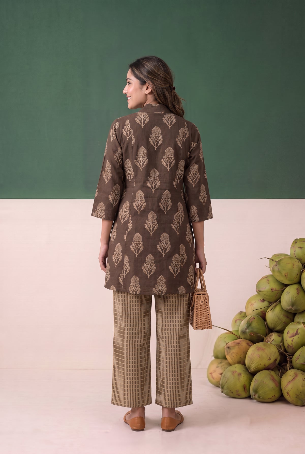 Brown Floral Printed Contrast Grid Panel Cotton Flex Co-ord Set