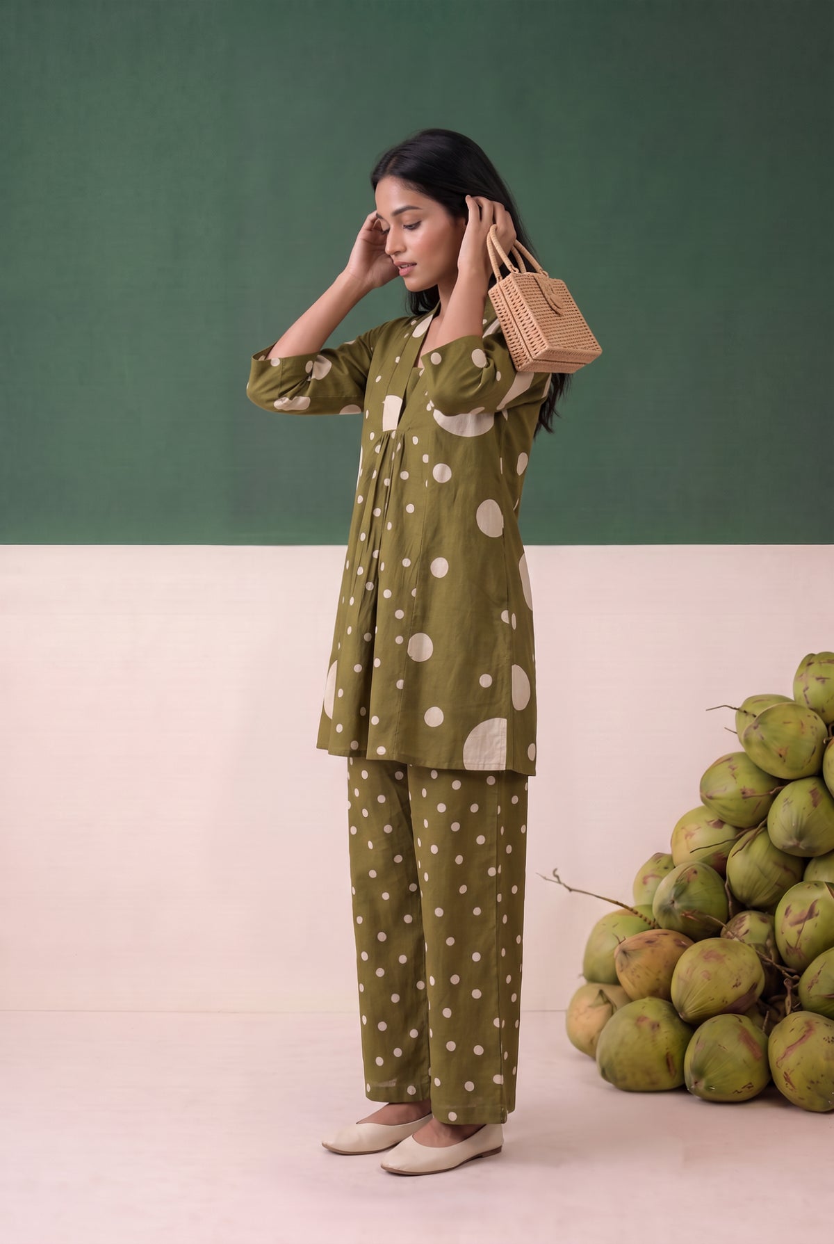 Olive Green Artistic Dot Pattern Printed Cotton Flex Co-ord Set
