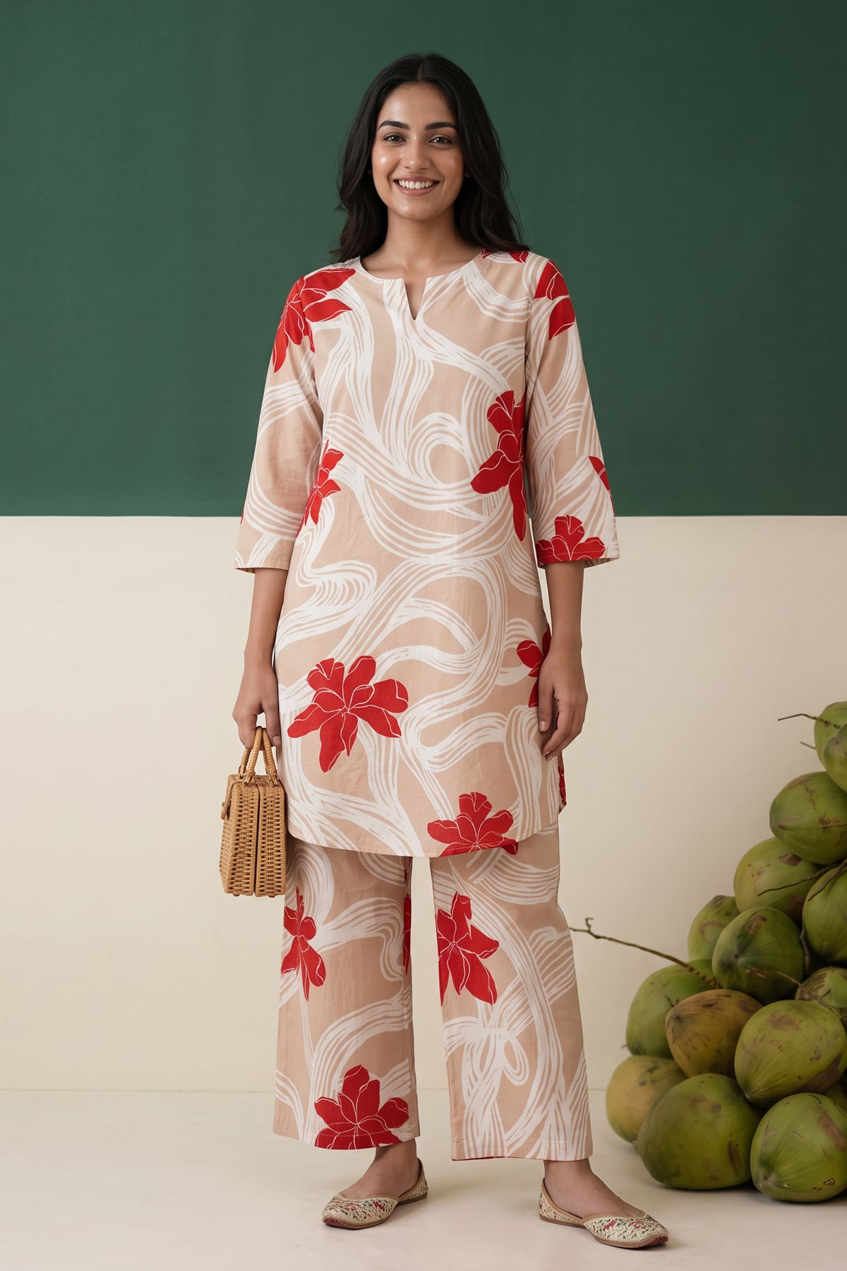 Beige Red Floral Printed Cotton Loungewear Top Set