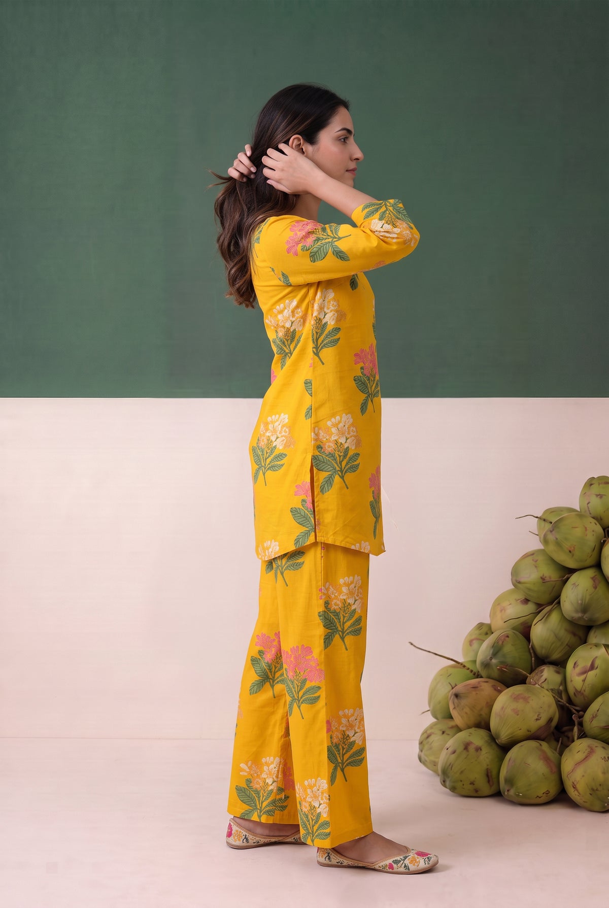 Yellow Floral Printed Cotton Loungewear Top Set