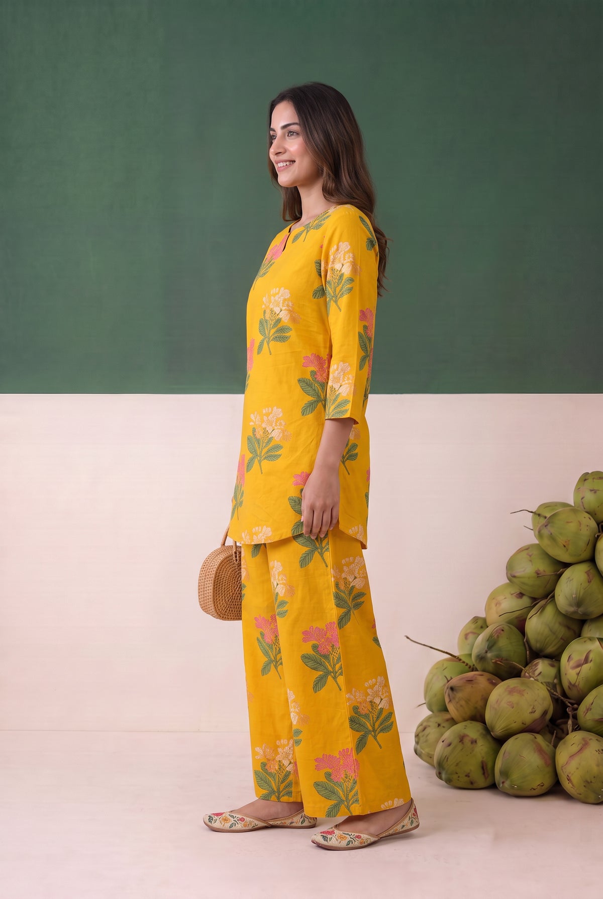 Yellow Floral Printed Cotton Loungewear Top Set