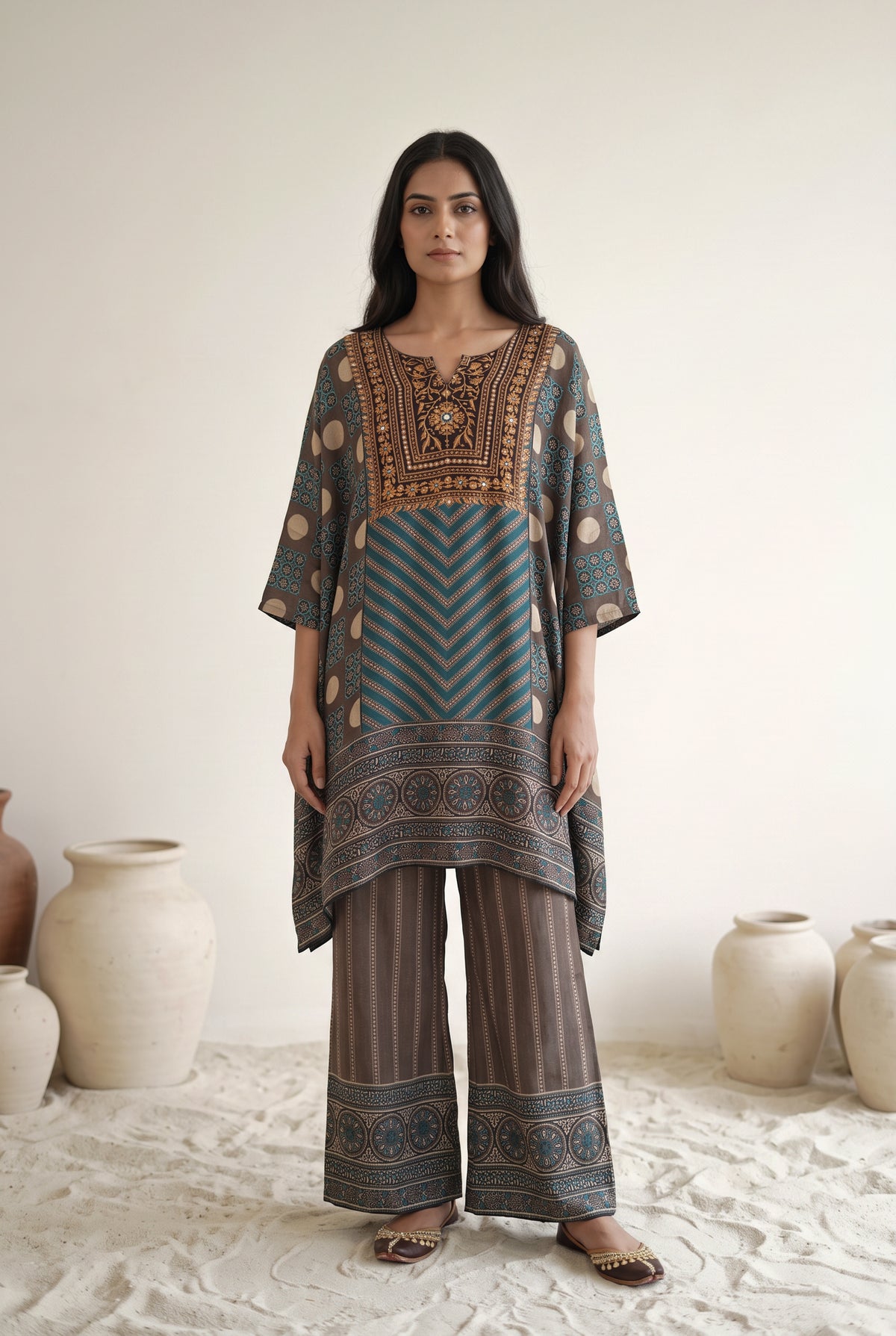Aavya Teal & Brown Floral Printed Muslin Kaftan Set