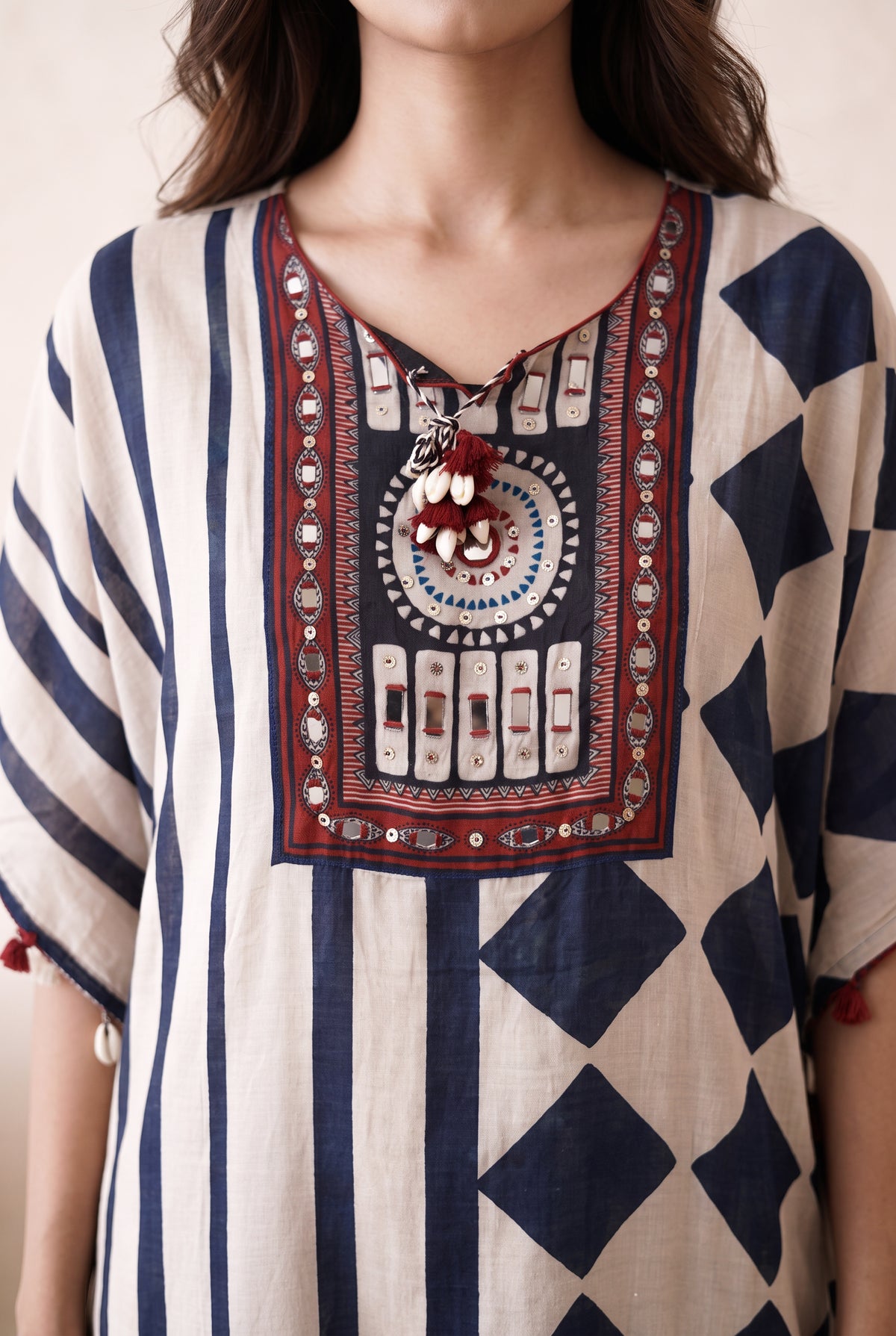 Inaya Navy Blue & Cream Floral Printed Muslin Kaftan Set