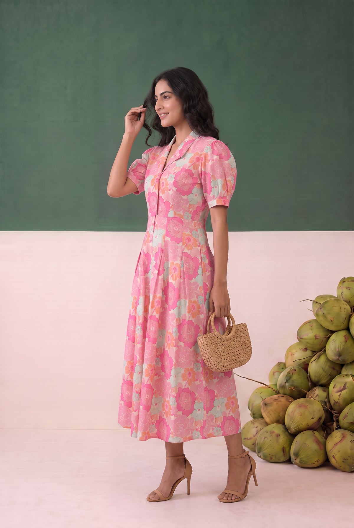 Pink Floral Printed Fit and Flare Midi Cotton Dress