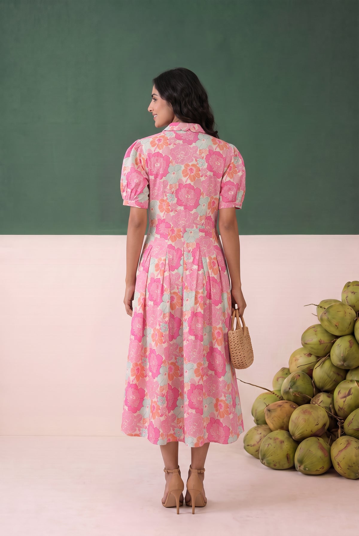 Pink Floral Printed Fit and Flare Midi Cotton Dress