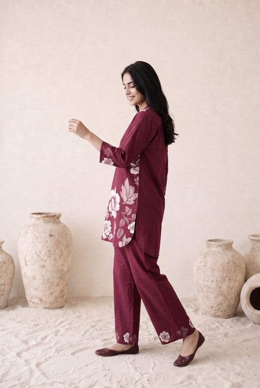 Wine Floral Cotton Flex Co-Ord Set