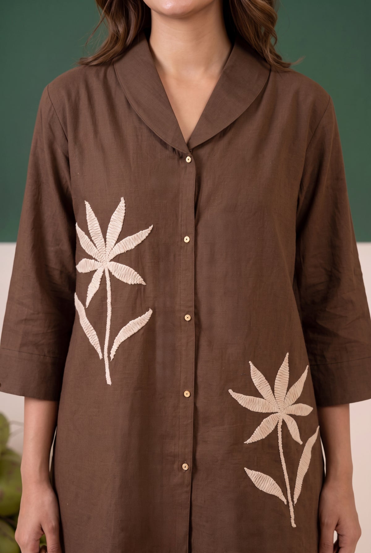 Brown Minimalist Floral Embroidered Cotton Flex Co-ord Set
