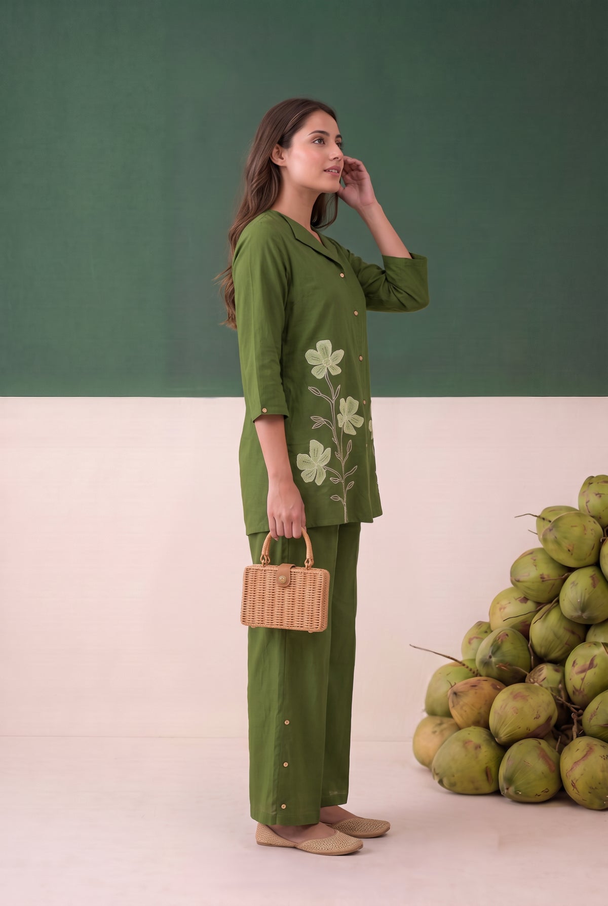 Green Nature-Inspired Contrast Floral Embroidery Cotton Co-ord Set