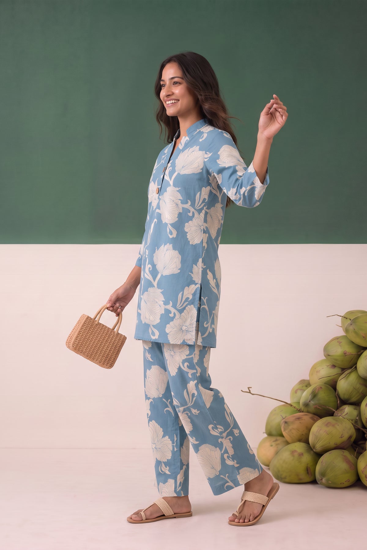 Sky Blue Statement Floral Printed Cotton Co-ord Set