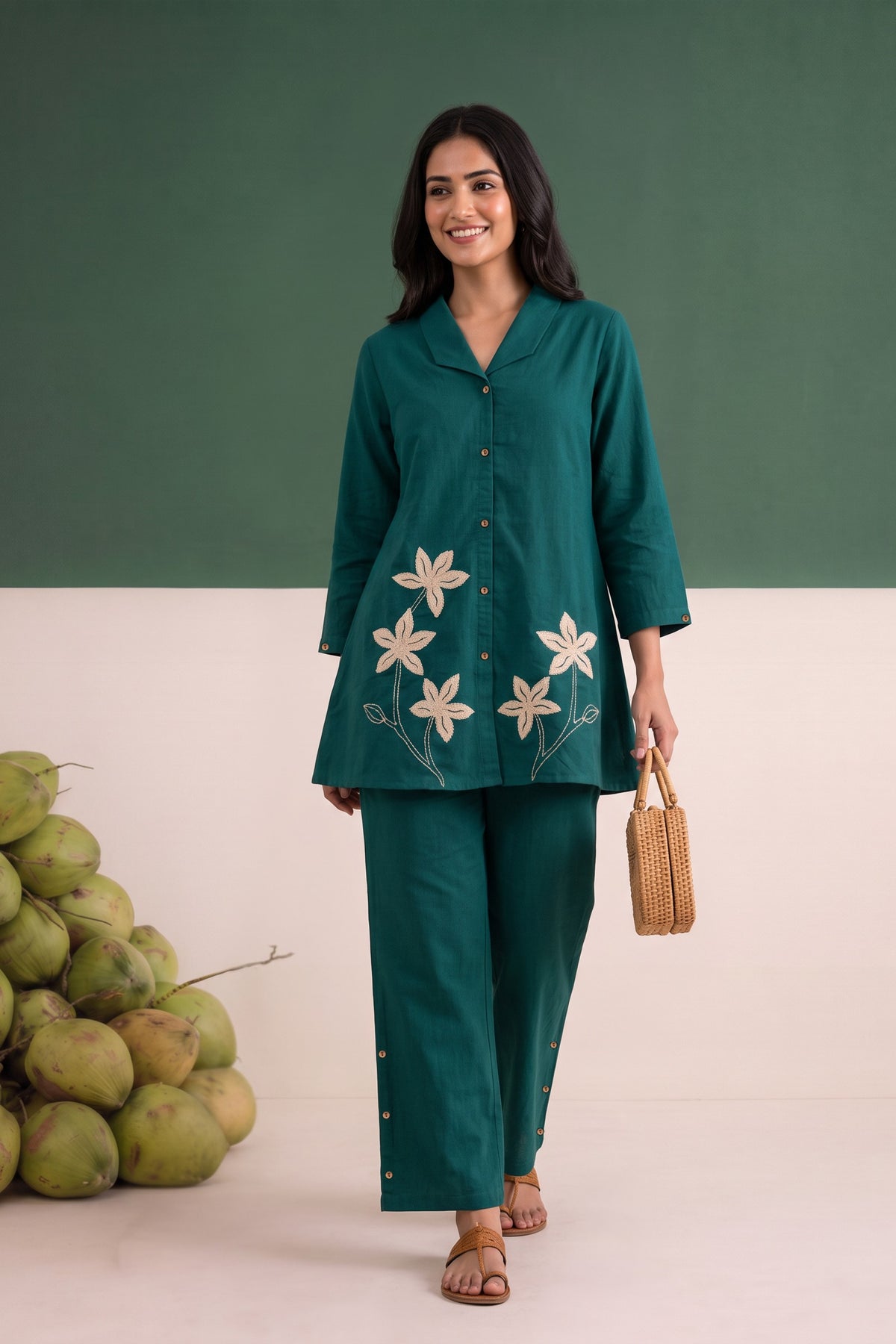 Teal Statement Applique Flower Cotton Flex Co-ord Set