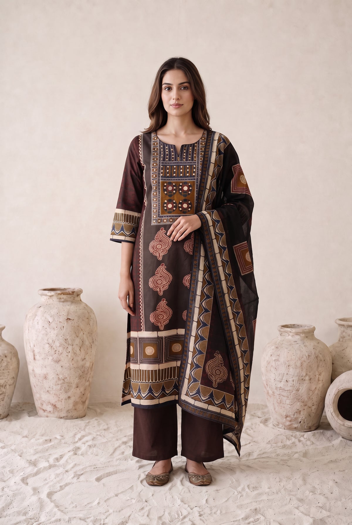 Multicolour Printed Cotton Kurta Set with Dupatta