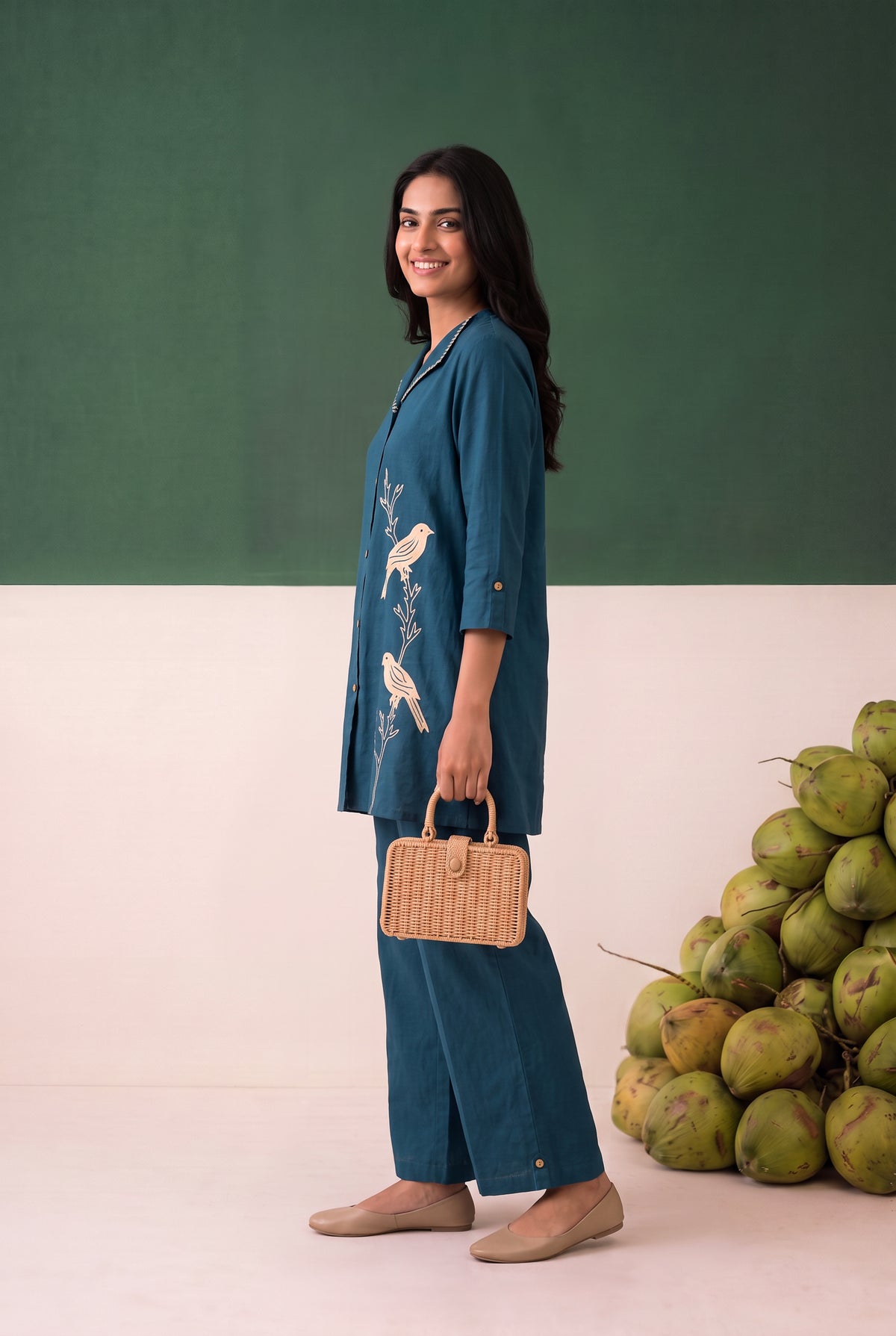 Teal Contrast Bird Motif Embroidered Cotton Flex Co-ord Set