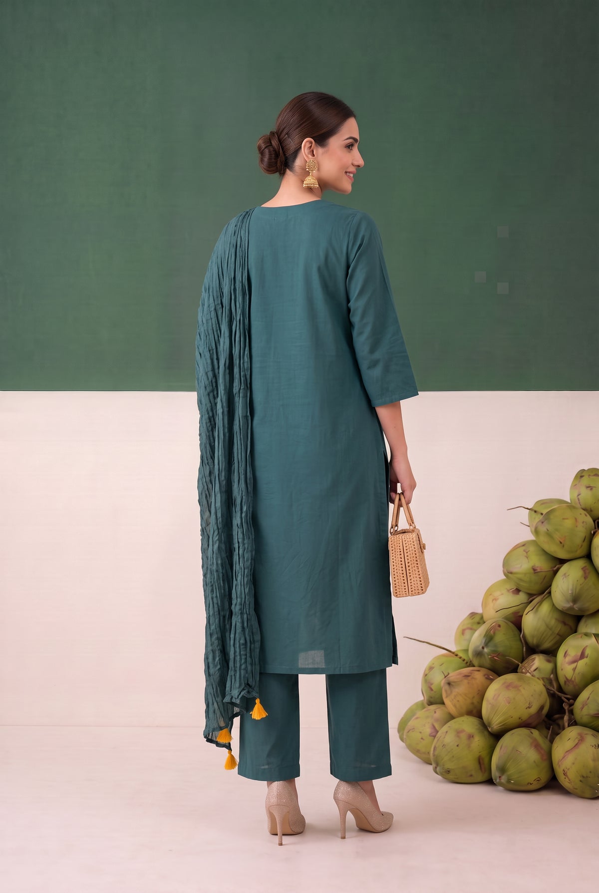 Teal Floral Threadwork Embroidered Cotton Kurta Set with Crinkled Dupatta