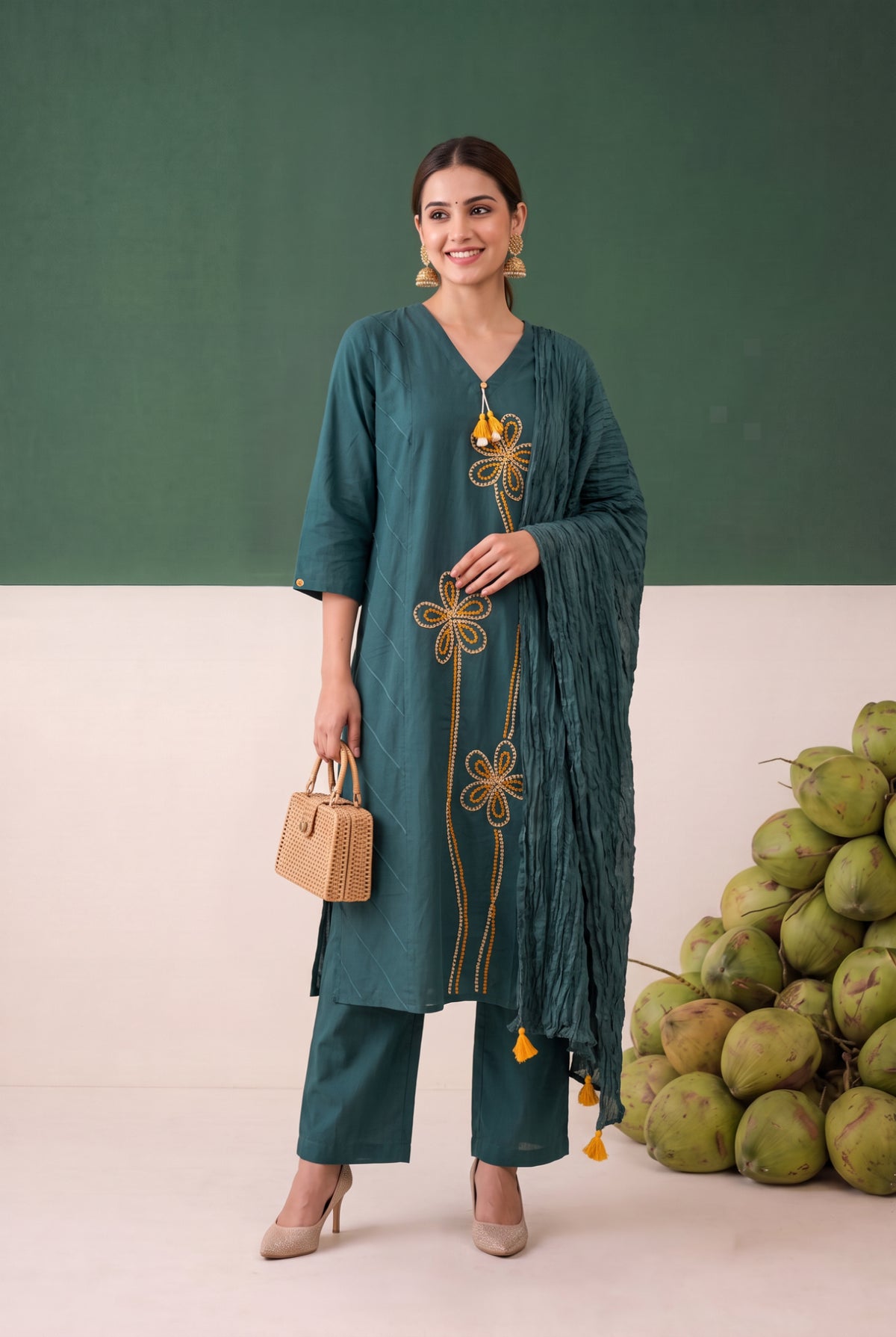 Teal Floral Threadwork Embroidered Cotton Kurta Set with Crinkled Dupatta