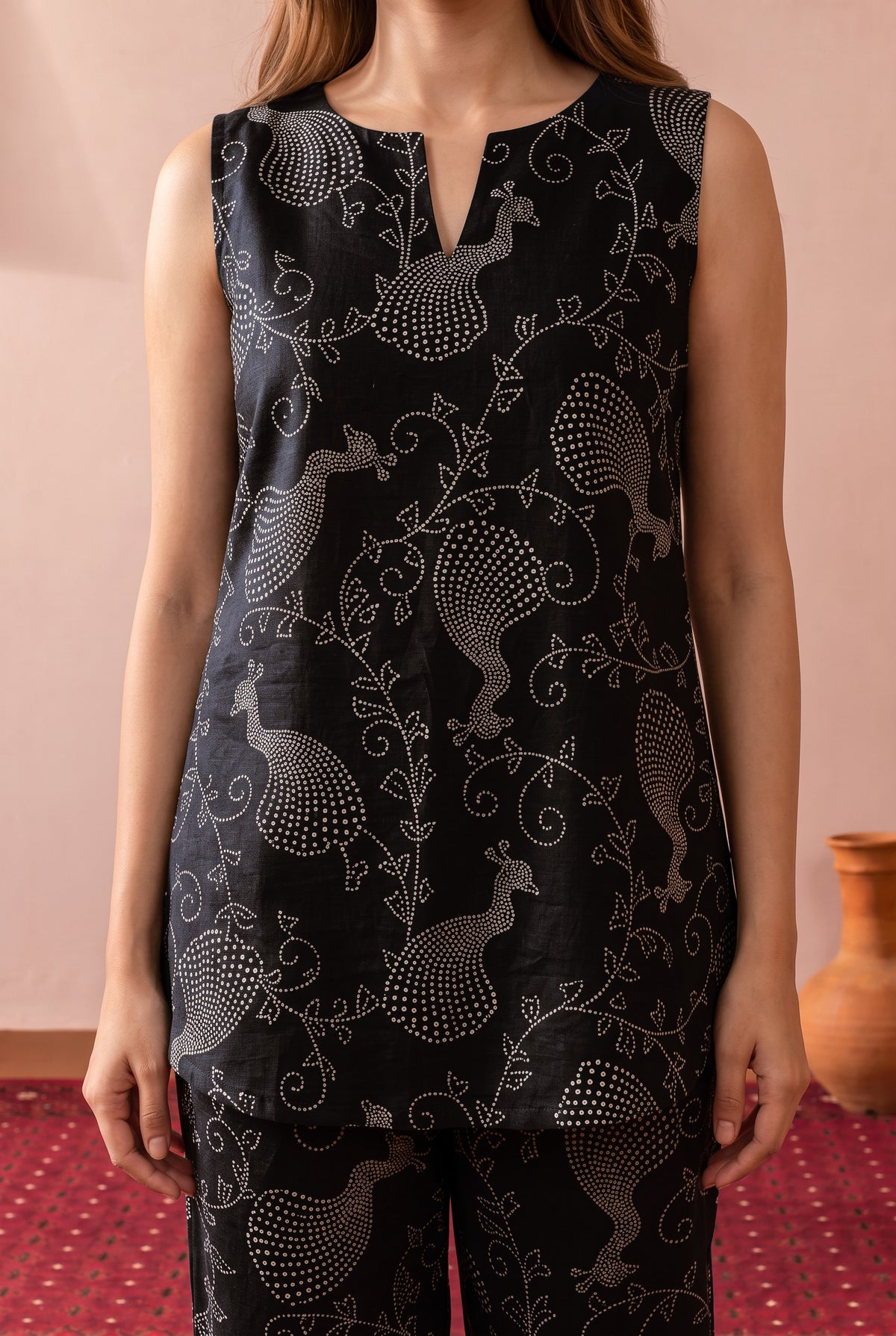Black Ornamental Peacock Printed Cotton Co-ord Set