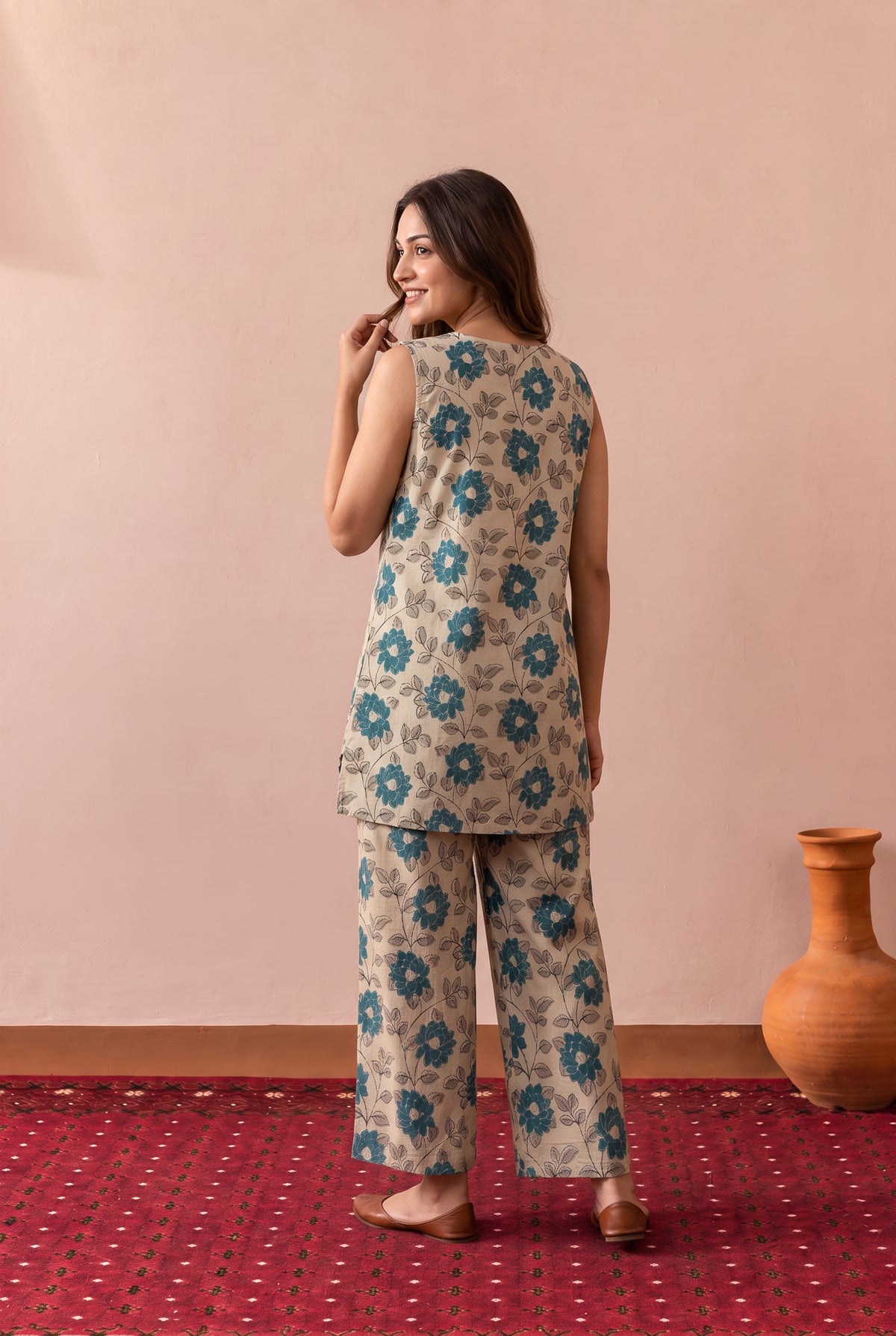 Beige Vintage Floral Printed Cotton Co-ord Set