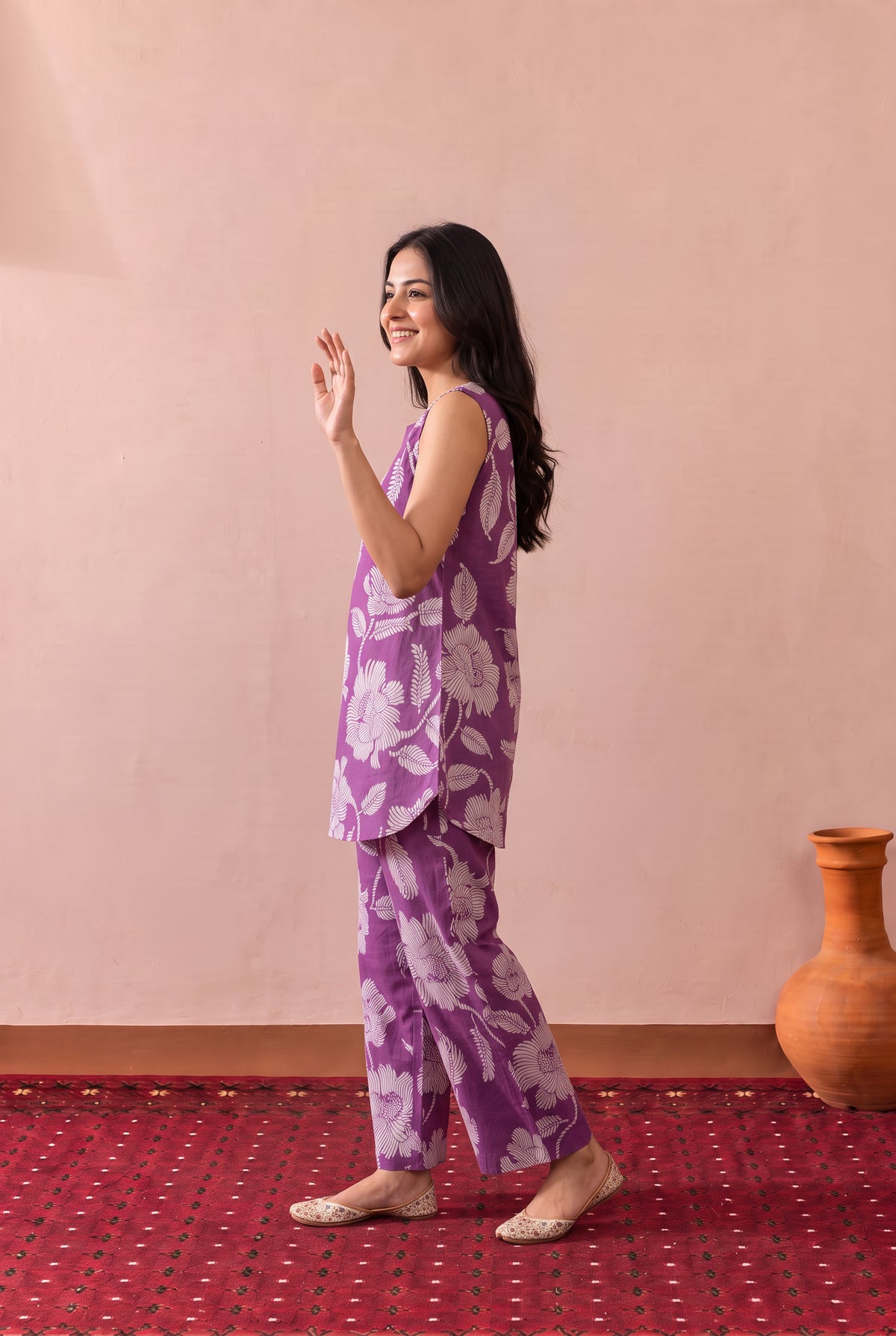 Purple Chrysanthemum Floral Printed Cotton Co-ord Set