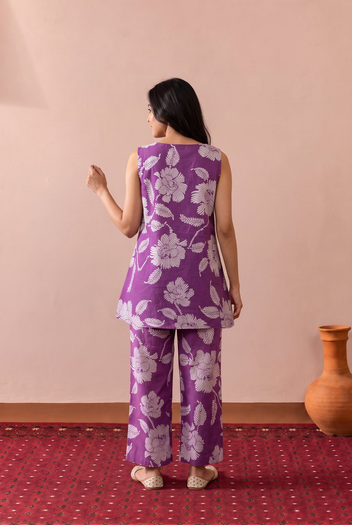 Purple Chrysanthemum Floral Printed Cotton Co-ord Set