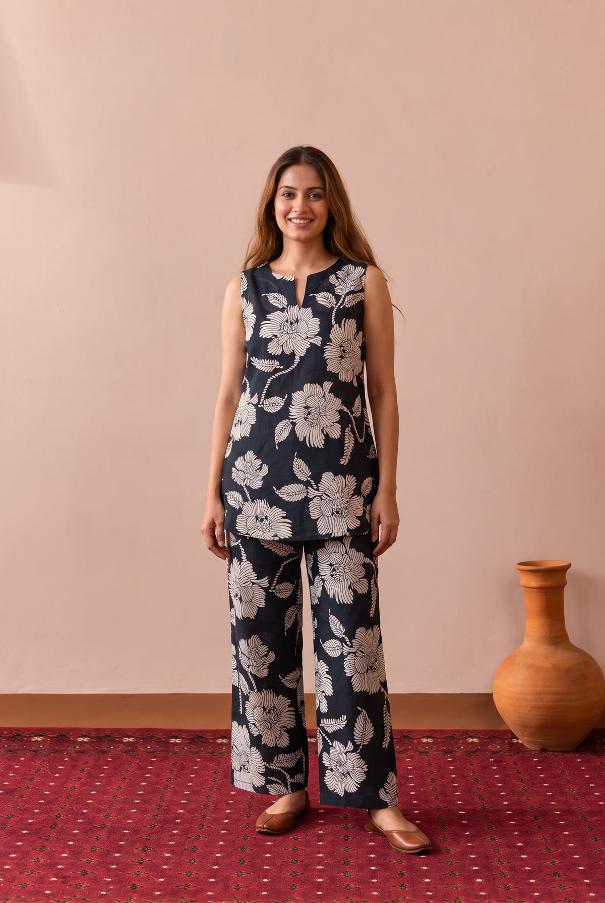 Black Large Floral Motif Printed Cotton Co-ord Set