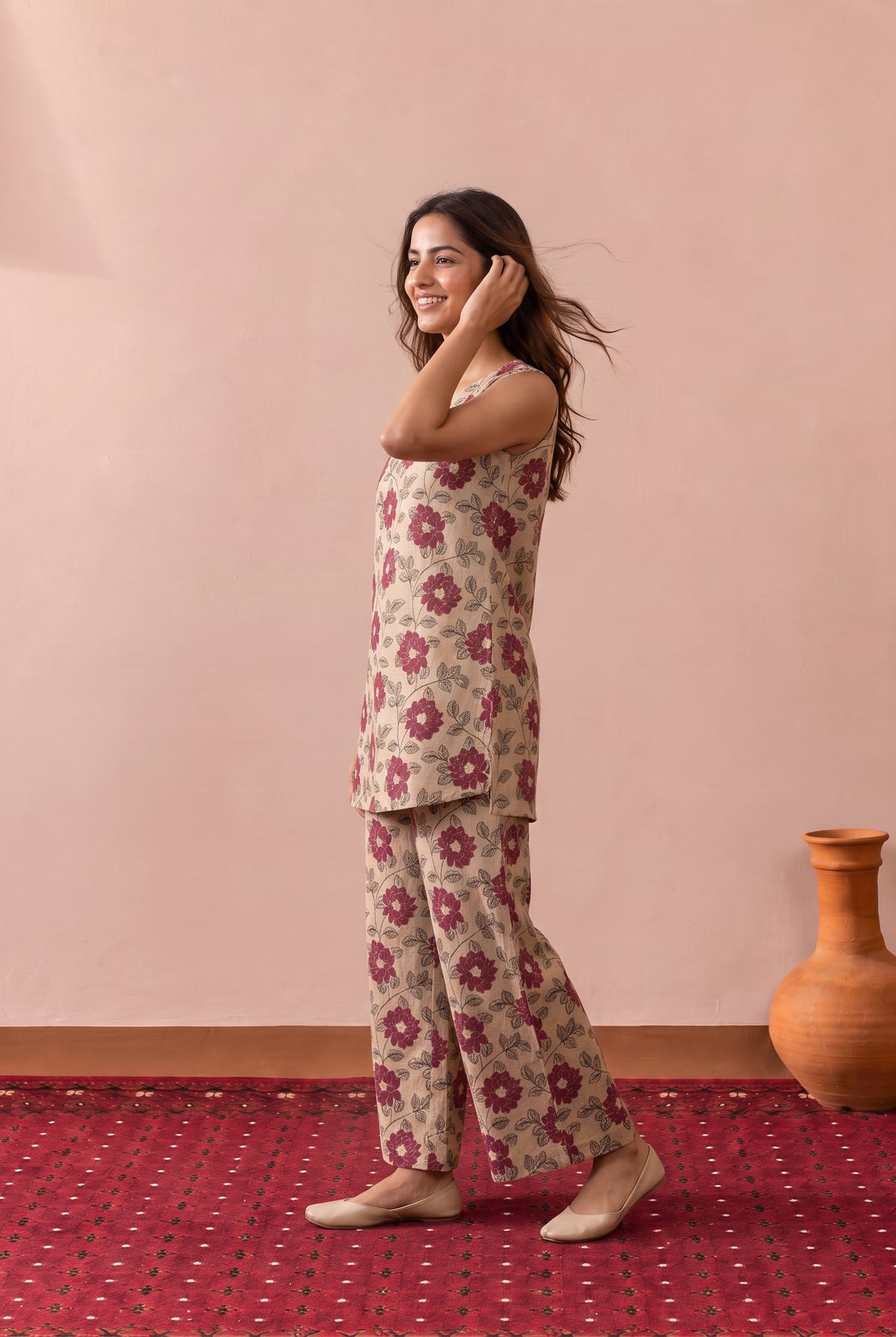 Beige Bloom And Leaf Printed Cotton Co-ord Set
