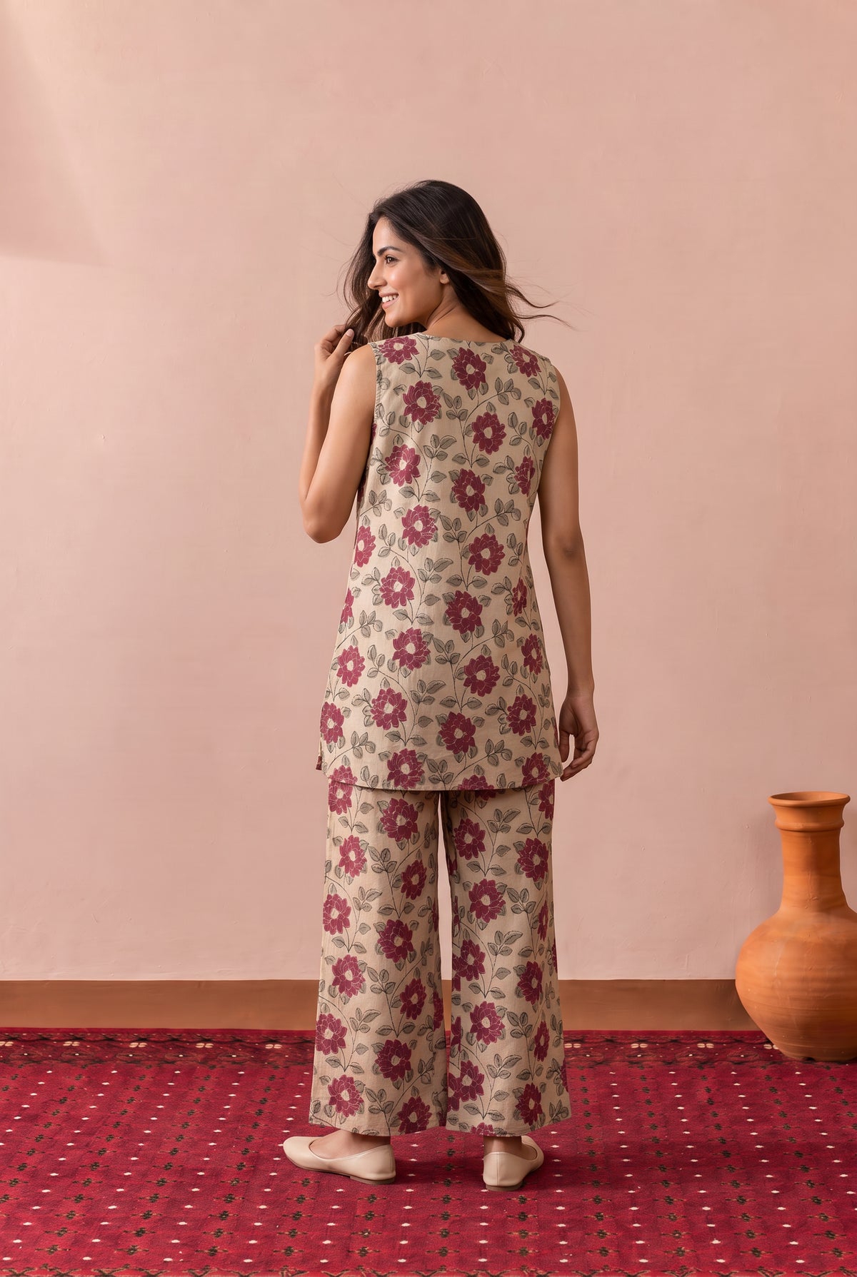 Beige Bloom And Leaf Printed Cotton Co-ord Set