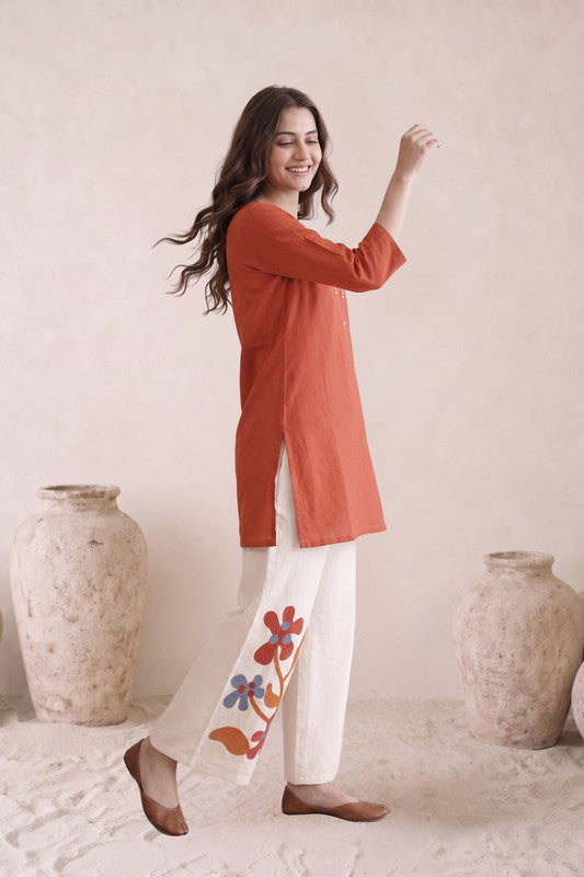 Rust Embellished Floral Cotton Flex Co-ord Set