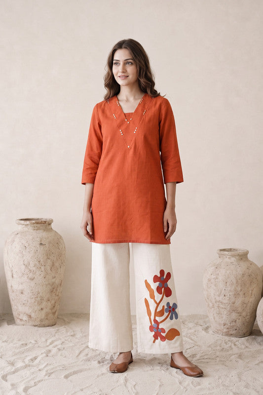Rust Embellished Floral Cotton Flex Co-ord Set