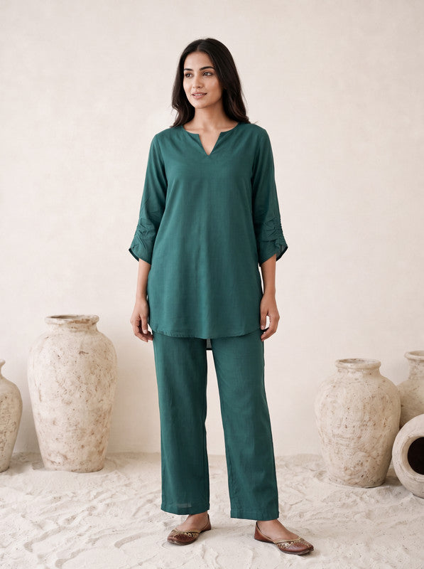 Teal Green Solid Russian silk Co-Ord Set
