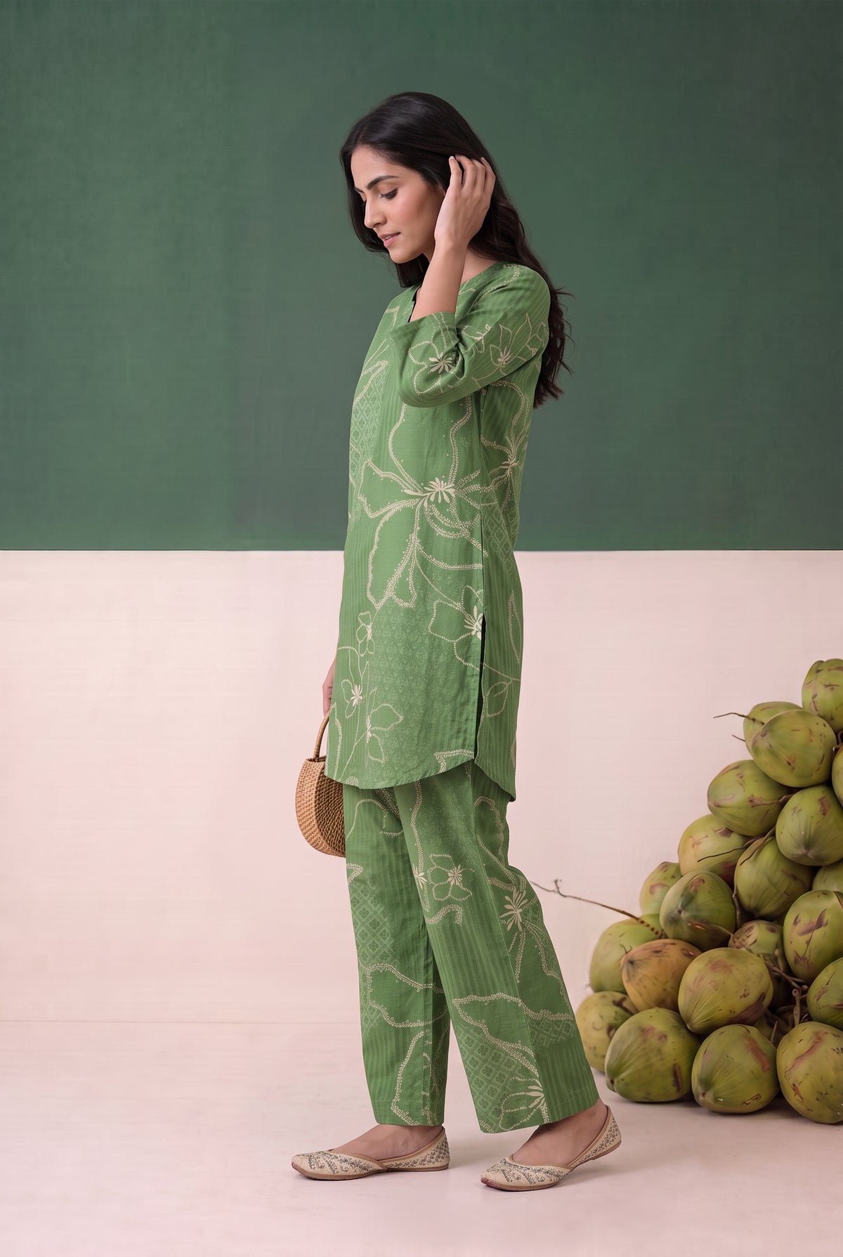 Green Floral Line Printed Cotton Flex Loungewear Top Set