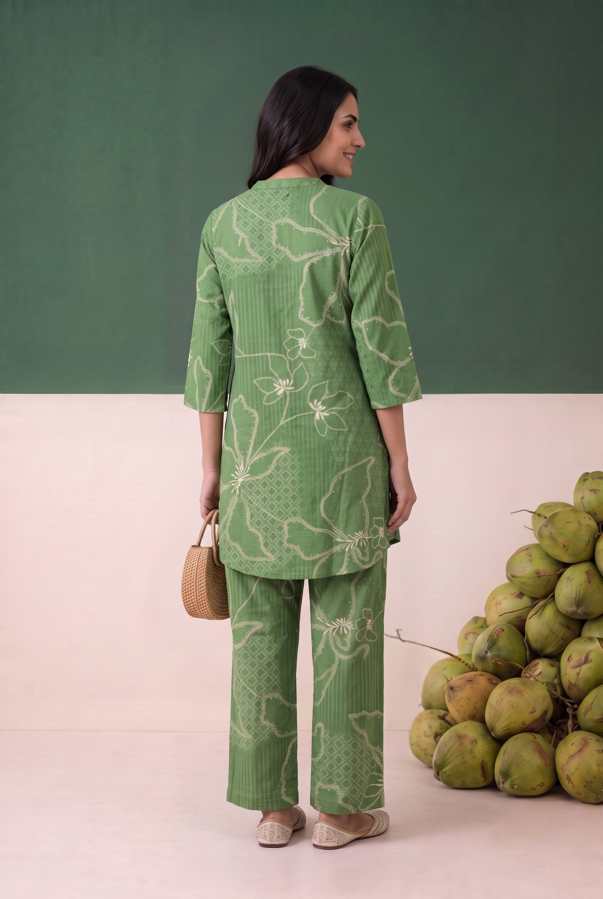 Green Floral Line Printed Cotton Flex Loungewear Top Set