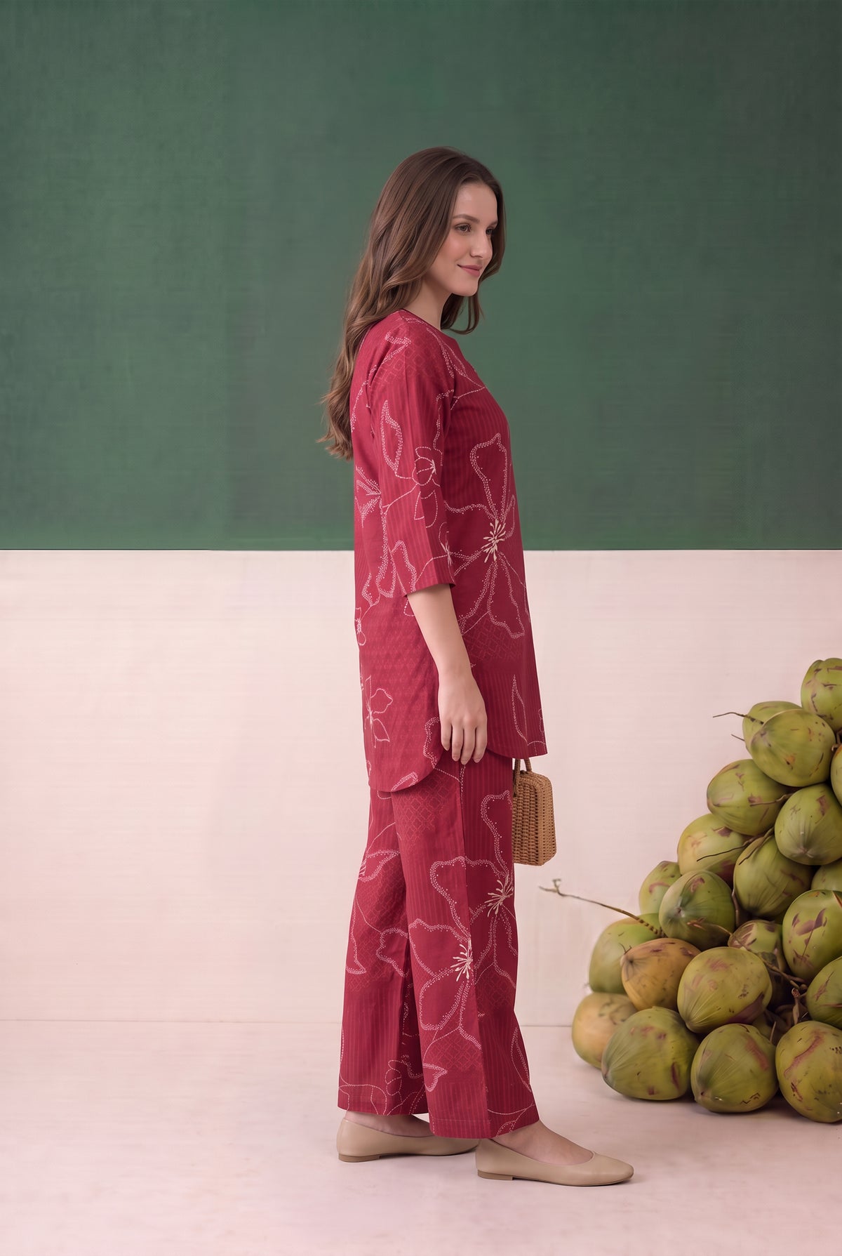 Red Abstract Floral Printed Cotton Flex Loungewear Top Set